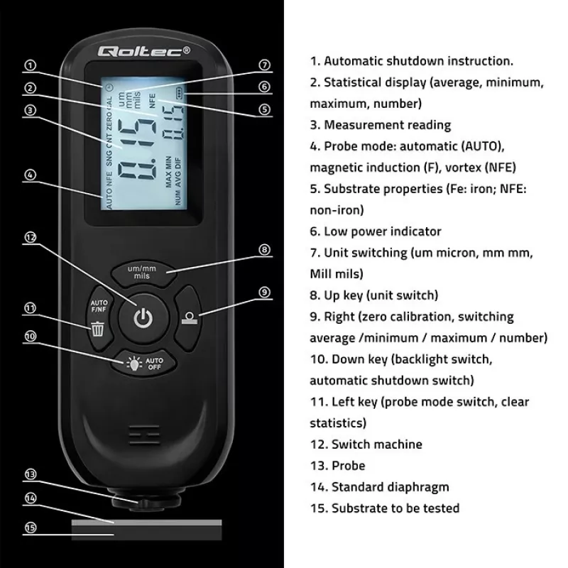 Schichtdickenmessgerät QOLTEC 50646 LCD 0–2000 µm