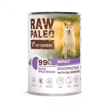Nassfutter für Hunde VETEXPERT RAW PALEO Duoprotein Ente & Wildschwein Adult 400 g, getreidefrei, für alle Rassen