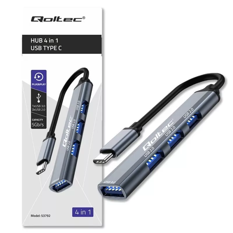 USB-Hub QOLTEC 53792, USB-C 3.1 auf 4 Ports (USB 3.0 x1, USB 2.0 x3)