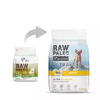 Trockenfutter für Hunde VETEXPERT Raw Paleo Ultra Mini Puppy Truthahn 750 g — Welpenfutter für kleine Rassen, 30 % Protein, 14 % Fett
