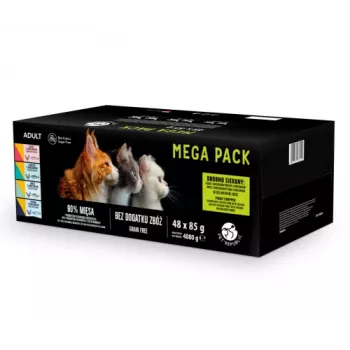 Nassfutterbeutel für Katzen PetRepublic 48 x 85 g – gemischte Fisch- und Geflügelsorten (Lachs, Huhn, Thunfisch, Kabeljau, Forelle)