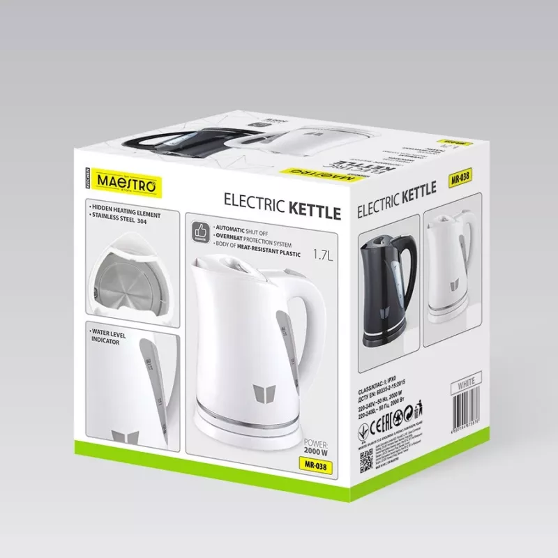 Elektrischer Wasserkocher Maestro MR-038-WHITE, 1,7 L, 2000 W, kabellos, automatische Abschaltung