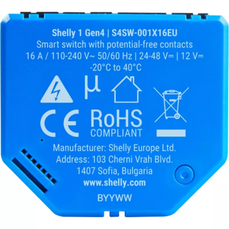 Intelligenter Schalter Shelly 1 Gen4, drahtlos, 240 V AC, Bluetooth 5.0/Wi‑Fi/ZigBee, Kunststoffgehäuse, 42×16×37 mm, 2er-Pack