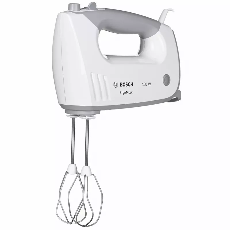 Handmixer Bosch MFQ36480 – 450 W, 5-Gang mit Turbo, grau/weiß, Rührbesen und Knethaken