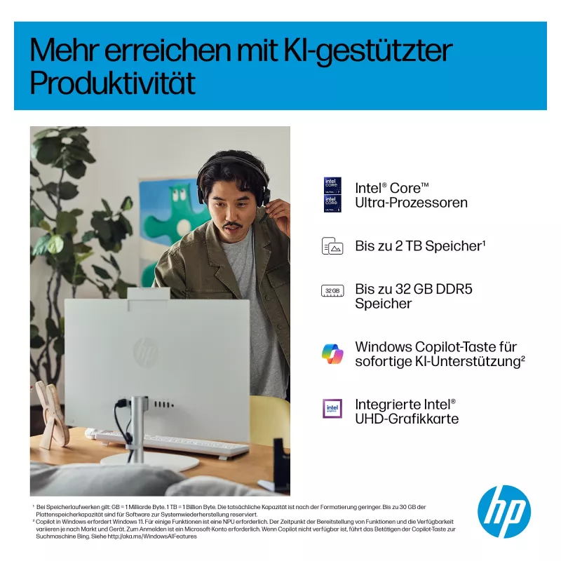 HP AI 27-cr2275ng - All-in-One (Komplettlösung) - Core Ultra 7 255U - RAM 16 GB - SSD 512 GB - NVMe - Intel Graphics - 1GbE, Bluetooth 5.3, Wi-Fi 6 - WLAN: 802.11a/b/g/n/ac/ax