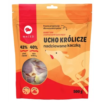 Zahnpflege-Kaustreifen MACED Ente mit Kaninchenohr 500 g — langanhaltender natürlicher Kausnack, Protein 50 %, für alle Rassen geeignet