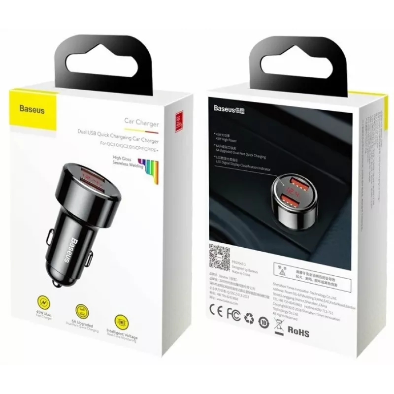 Baseus CCMLC20A-01 Auto-USB-Schnellladegerät — für Smartphones, Eingang 12–24 V, Ausgang bis 20 V, Schwarz
