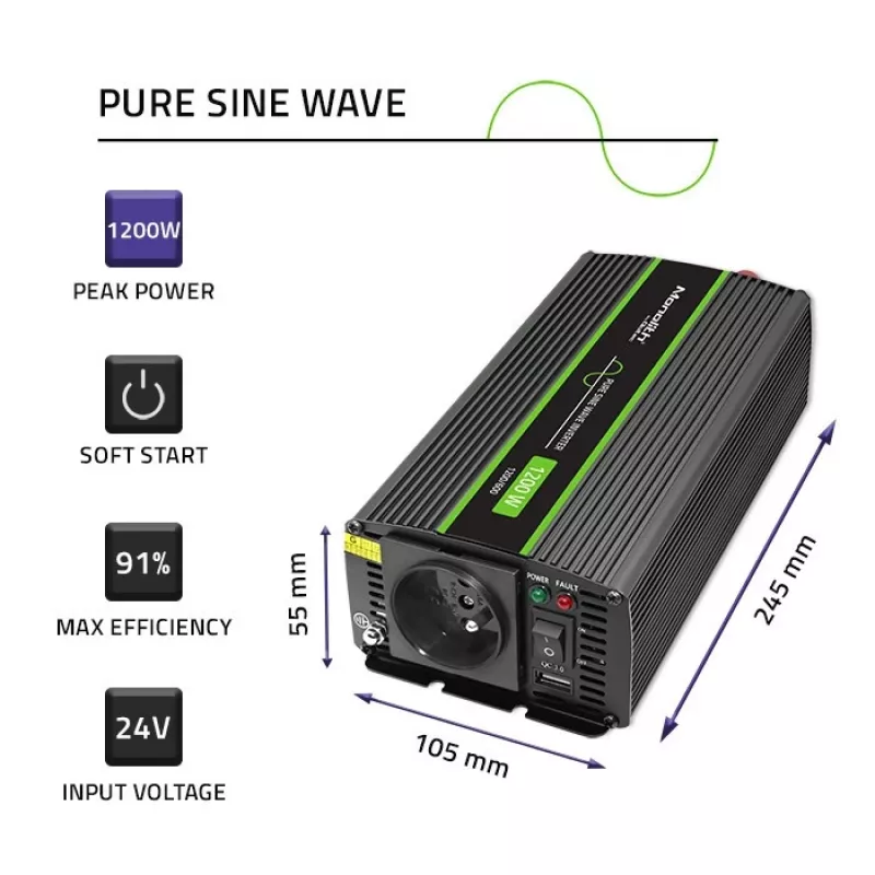 Auto-Wechselrichter Qoltec Monolith 1200 W Schwarz 24 V