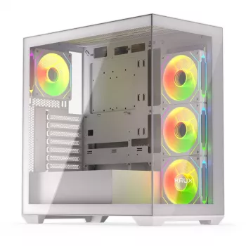 PC-Gehäuse KRUX Exo RGB White — ATX-Tower, Stahl, 2x3,5 Zoll + 2x2,5 Zoll Einschübe, USB-C, RGB
