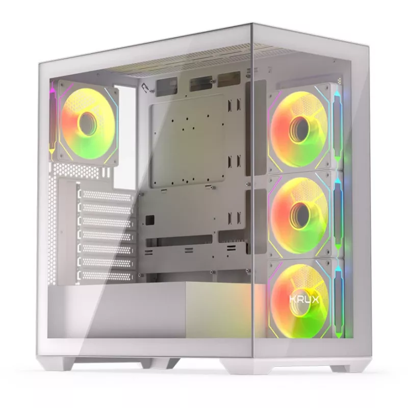 PC-Gehäuse KRUX Exo RGB White — ATX-Tower, Stahl, 2x3,5 Zoll + 2x2,5 Zoll Einschübe, USB-C, RGB