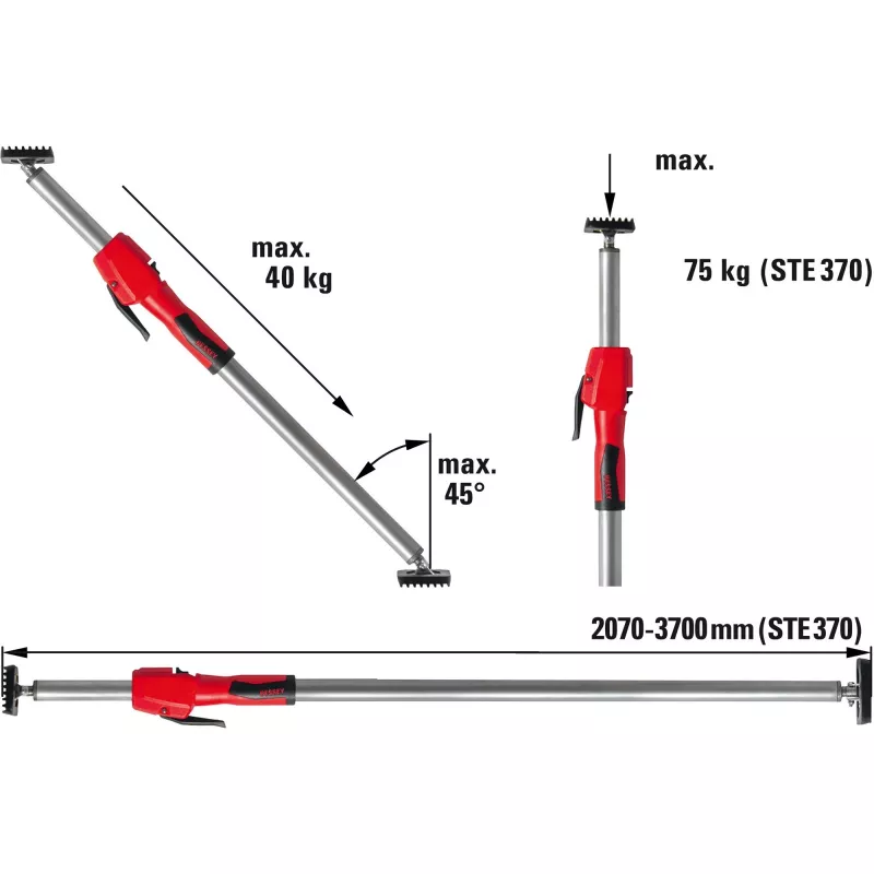 Bessey STE370 Decken- und Montagestütze, Silber/Rot, 2070-3700 mm, mit Pumpengriff