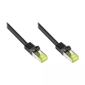 RJ45-Patchkabel mit Cat.7-Rohkabel und Rastnasenschutz (RNS®), S/FTP, PiMF, halogenfrei, 600 MHz, OFC, schwarz, 0,25 m, Good Connections® (8070R-003S)