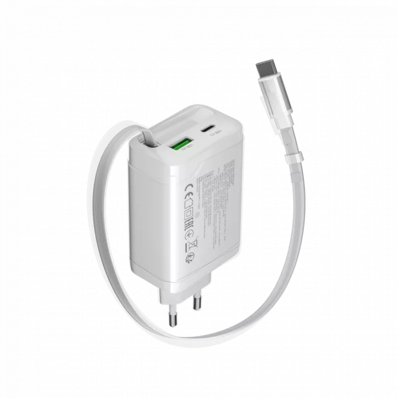 CANYON Ladegerät OnCharge 65RC mit integriertem USB-C-Kabel 65W, 1x PD, 1x QC, EU-Stecker, Weiß