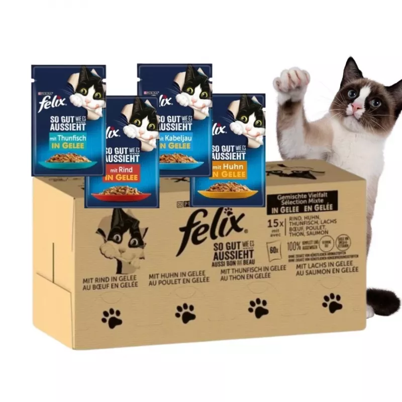 Nassfutter für Katzen Purina Felix proteinreich 100 g Beutel — Geschmack Fisch & Huhn, ausgewachsene Katzen, Packung mit 120