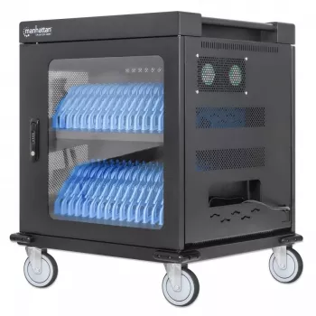 Manhattan Laptop-Ladewagen/-Trolley über AC-Adapter (EU) 32 Fächer, Installieren Sie den AC-Adapter (Netzkabel) des Geräts im Gerät, Geeignet für ALLE Laptops (bis 15,6 Zoll), iPads, MacBooks, Chromebooks, andere USB-C-Geräte, Fächer 380 x 30 x 280 mm, Schrank, Abschließbar