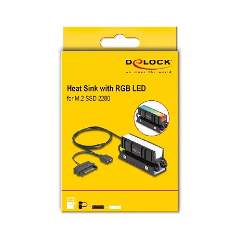 Kühlkörper DELOCK 18460 für M.2 SSD 2280 — Aluminium/Kupfer, RGB 5V, Schwarz