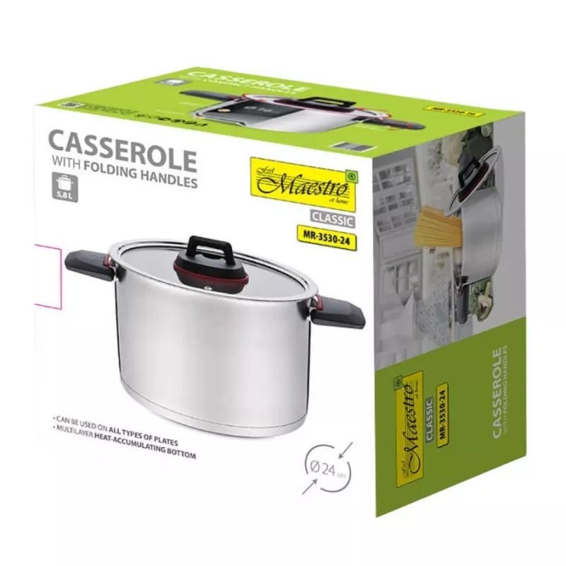 Kochtopf Maestro MR-3530-24 Edelstahl 24 cm, 5,5 L, klappbare Griffe, Glasdeckel