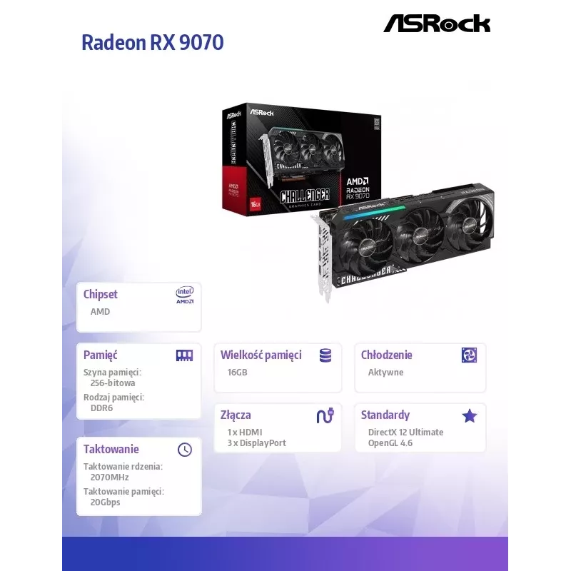 Grafikkarte ASRock Challenger Radeon RX 9070 — 16 GB GDDR6, 256-Bit, PCIe 5.0, 3x DisplayPort 2.1a + HDMI 2.1b