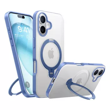 Schutzhülle Torras Ostand Spin für iPhone 16 – Blau, schlankes Profil, kabelloses Laden kompatibel