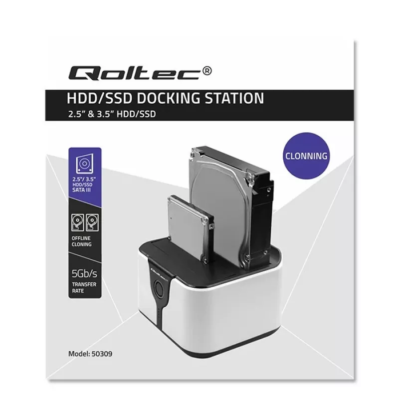 Qoltec 50309 HDD SSD 2.5 3.5 Dockingstation | SATA III | USB 3.0 | Super Speed 5 Gb/s | mit Klonfunktion