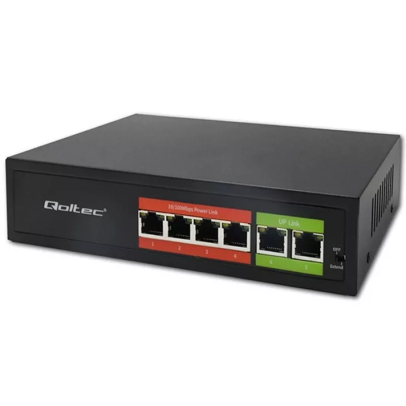 Ethernet PoE Switch QOLTEC 52289 — 4x RJ45 PoE-Ports, 2x RJ45 Uplink, 65W PoE-Budget