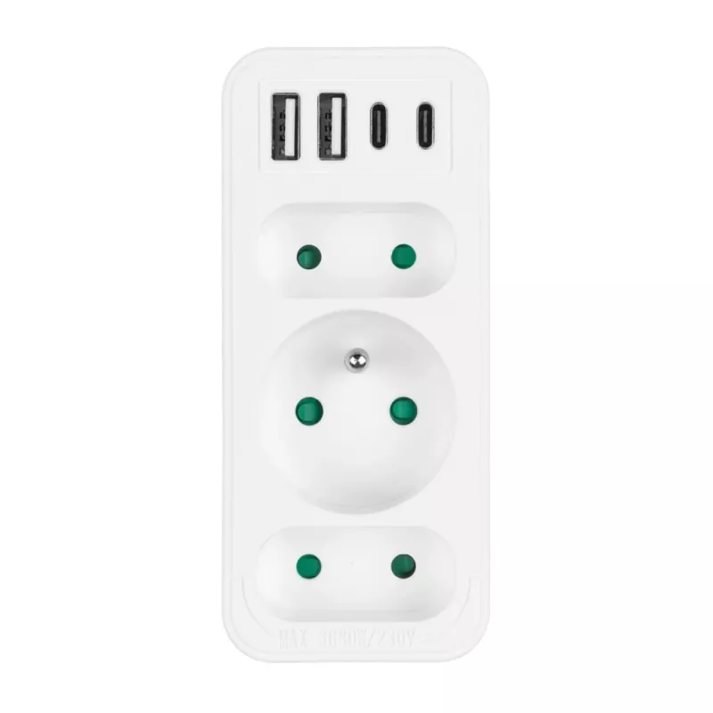 Power-Splitter MACLEAN MCE248 F/W — 3 AC-Steckdosen (1×16A, 2×6A) + 4×USB (2×A, 2×C PD 20W), EU-Stecker, weiß