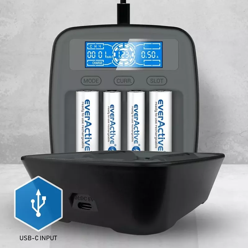 Batterieladegerät everActive NC1000MV2 – Ni-MH 4-Schacht USB-C Ladegerät, 4 Zellen, 5V, schwarz, 110×99×38 mm
