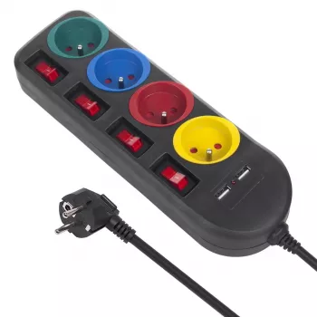 Mehrfachsteckdose MACLEAN MCE229B — 4 AC-Steckdosen, 2× USB-A, 1,5 m Kabel, 10 A, Typ F, Innenbereich, schwarz