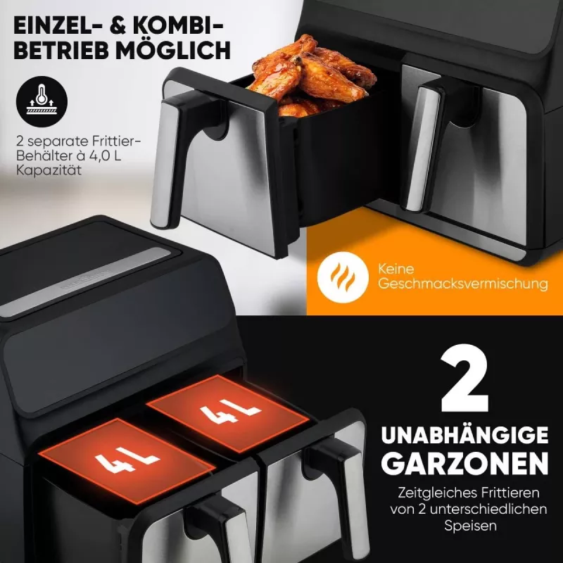 Heißluftfritteuse ProfiCook PC-FR 1287 H — Doppel-8 L, 2200 W, Touch-LED, schwarz/Edelstahl
