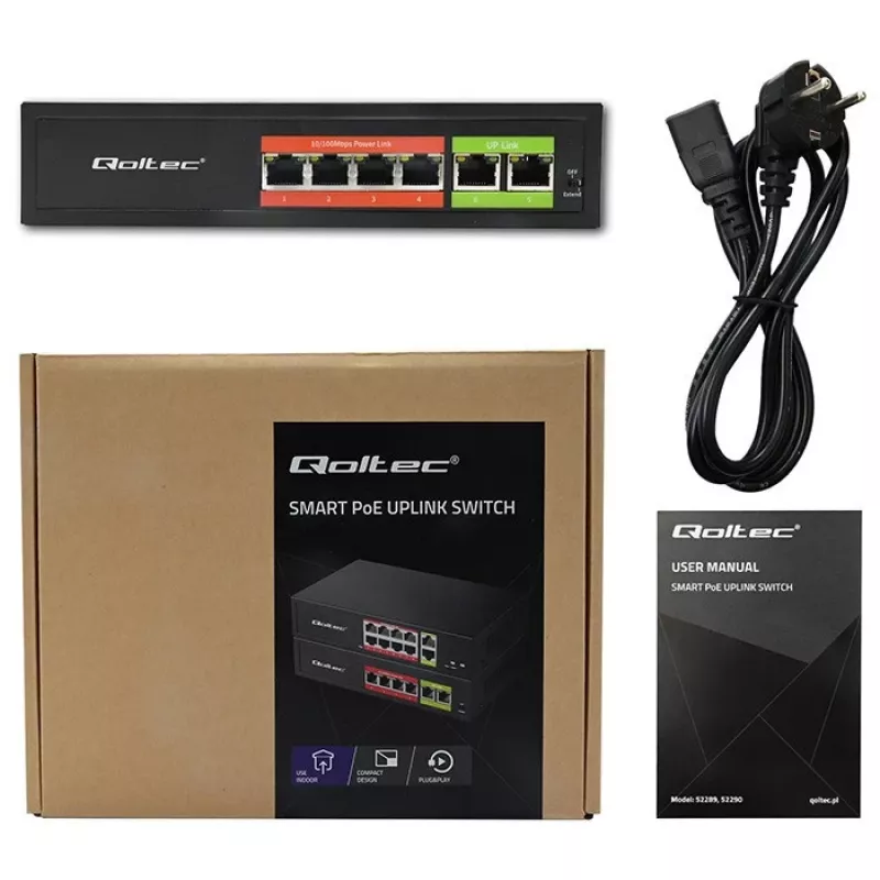 Ethernet PoE Switch QOLTEC 52289 — 4x RJ45 PoE-Ports, 2x RJ45 Uplink, 65W PoE-Budget