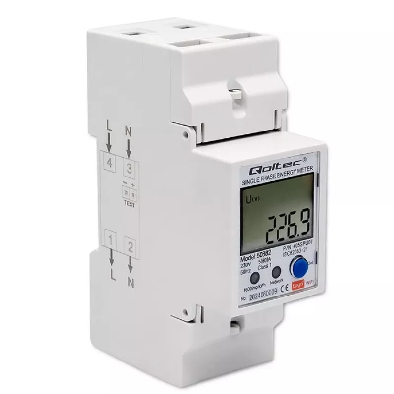 Qoltec 50882 Einphasiger elektronischer Energieverbrauchszähler für Hutschiene | Wi-Fi | TUYA | 230V | LCD