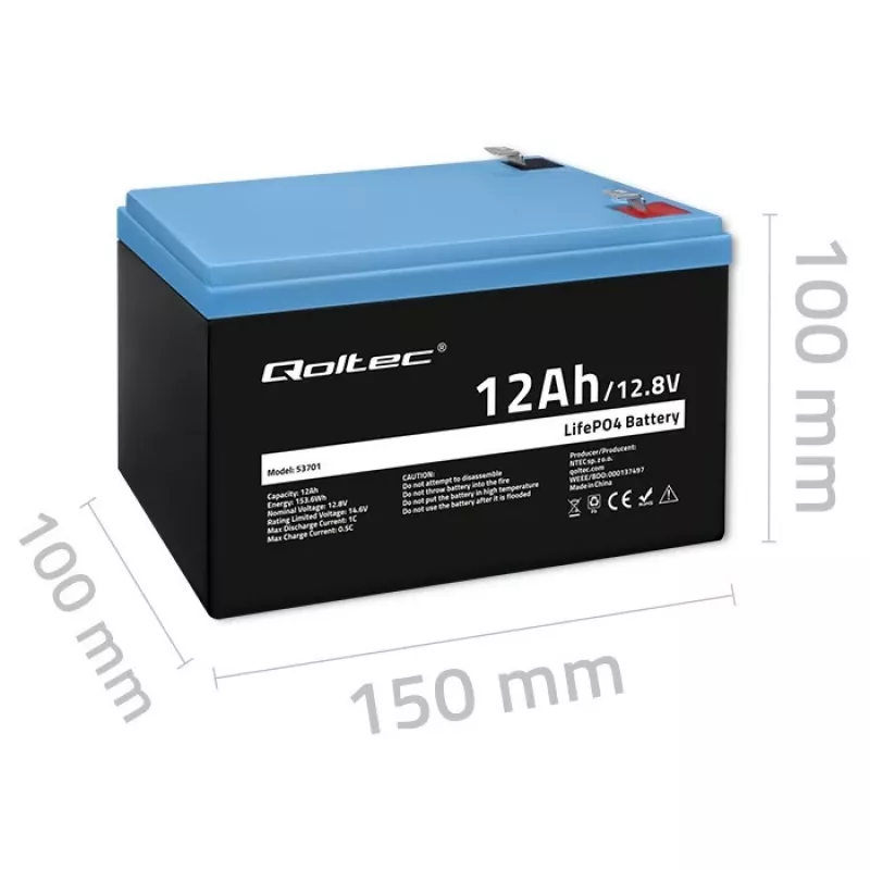Qoltec LiFePO4 Lithium-Eisenphosphat-Akku 12,8 V 12 Ah 153,6 Wh mit BMS