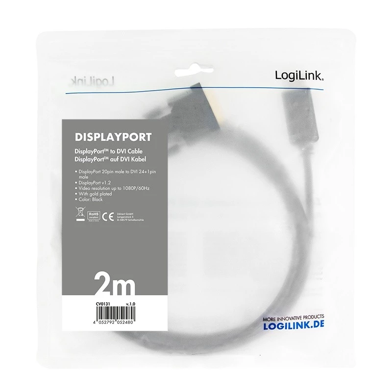 Videokabel-Adapter LogiLink CV0131 2 m DisplayPort DVI Schwarz