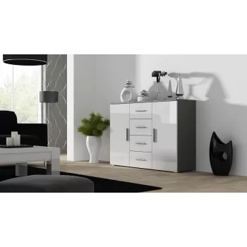 Sideboard Cama Meble UNI grau/weiß Hochglanz, 2 Türen, 2 Einlegeböden, 1320×380×920 mm
