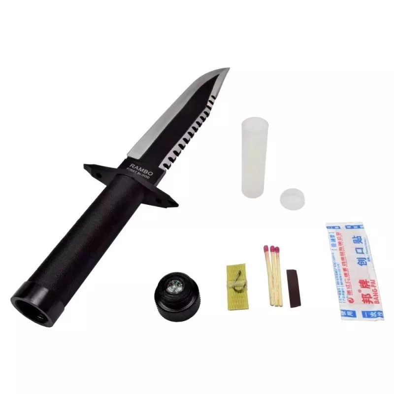 Feststehendes Survival-Messer Filmklassiker Rambo I CC-H1 – 360 mm gesamt, 225 mm gezahnte Stahlklinge, schwarze Lederscheide