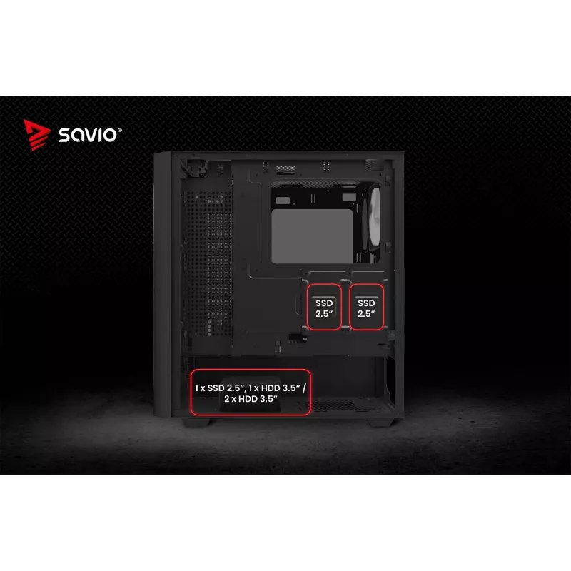 PC-Gehäuse SAVIO Noctis Flow RGB — Cube, ATX/Mini-ITX, 3x 120 mm Frontlüfter, Seitenfenster aus gehärtetem Glas, max. GPU 35 cm