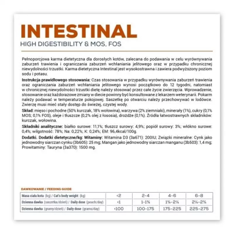 VETEXPERT Intestinal Cat 100 g – Huhn, 38% Protein, 20% Fett, für ausgewachsene Katzen, Bauchspeicheldrüsenschwäche