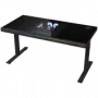 Höhenverstellbarer Gaming-Tisch mit Dual-Motor, Sitz-/Stehfunktion, integriertem PC-Gehäuse, kabellosem Ladegerät, RGB-Beleuchtung, Bedienfeld und USB-Anschlüssen, Tischplatte aus gehärtetem Glas, schwarz.