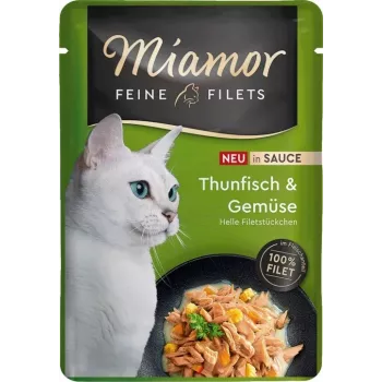 Miamor Fine Filets Thunfisch mit Gemüse in Sauce, Nassfutter für Katzen, 100 g Beutel, adulte Katzen, Monoprotein