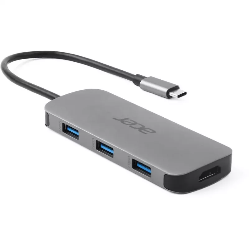 7-in-1 USB-C Dongle Acer — USB 3.2 Gen 1 Typ-C, 3x USB-A, HDMI, SD/MicroSD, 100W PD, Silber