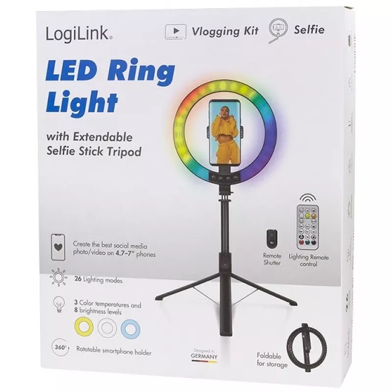 LogiLink Smartphone-Ringleuchte mit Selfie-Stick-Stativ, DM 20cm (AA0156)