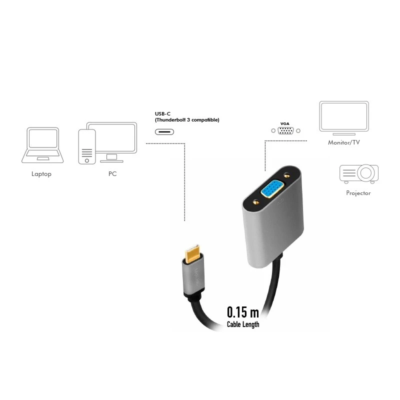USB-Typ-C-auf-VGA-(D-Sub)-Video-Adapterkabel LOGILINK CUA0104 0,15 m, grau/schwarz