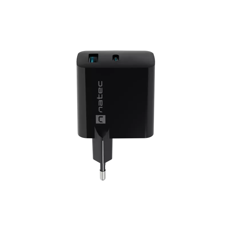 Kabelgebundenes Ladegerät für Mobilgeräte NATEC NUC-2145, 65 W, USB-C PD 3.0 + QC 3.0, 1x USB-C, 1x USB-A, 110–240 V, Schwarz