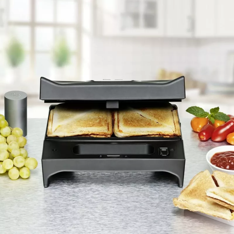 Sandwichmaker Rommelsbacher SWG 700 – kompakter 3-in-1 elektrischer Grill mit 3 Wechselplatten (Sandwich, belgische Waffel, Grill), Edelstahlakzenten