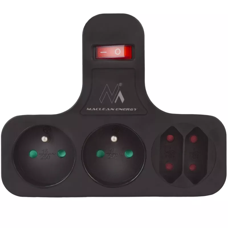 Maclean Stromsteckdose, Vierfach mit Schalter, Stabilisierungsfuß, Typ E, 2x2,5A, 2x16A, MCE224 E/B