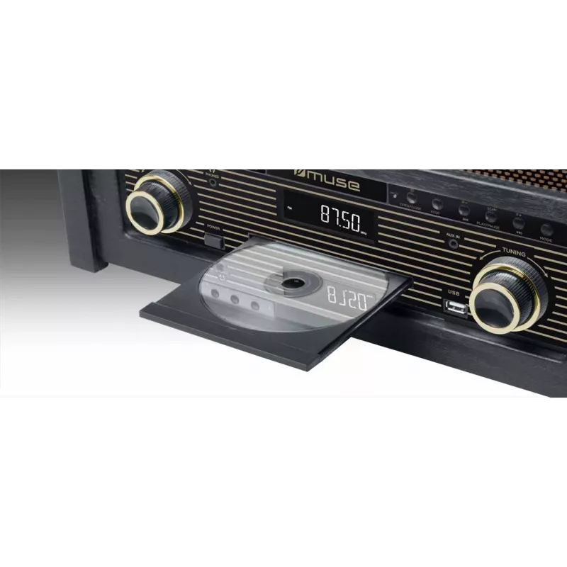 Plattenspieler muse MT-115 W — schwarz/gold, 33-45-78 U/min, J-förmiger Tonarm, Drehregler für die Lautstärke, 240V AC