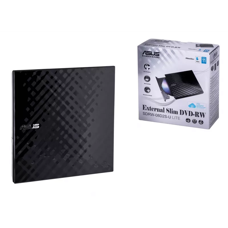 Externes DVD±RW-Optiklaufwerk ASUS SDRW-08D2S-U Lite, USB 2.0, schwarz, 24x CD / 8x DVD, 142×142×20 mm