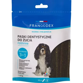 Dentalstreifen FRANCODEX für Hunde, Packung mit 15 Beuteln – Zahnpflege-Leckerli für kleine adulte Hunde (5–10 kg), 228 g, Gemüsegeschmack, glutenfrei