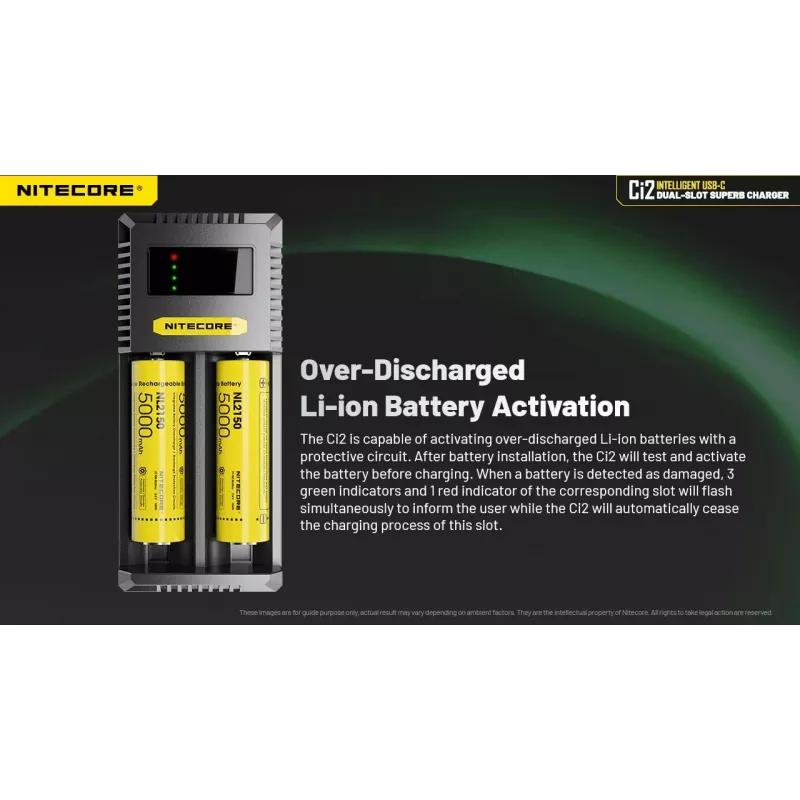 Batterieladegerät Nitecore Ci12 Universelles USB-Ladegerät für Li‑Ion, NiCd, NiMH, 3A Eingang 5/9/12V, Kunststoffgehäuse
