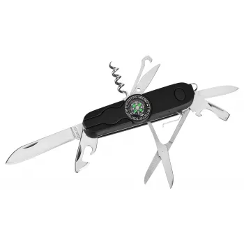 Taschenmesser AZYMUT Izeron Multitool — 13 Werkzeuge, Edelstahl 420J2/3CR13, gefaltet 9 cm, 91 g, Ledergürteltasche, integriertes Licht & Kompass